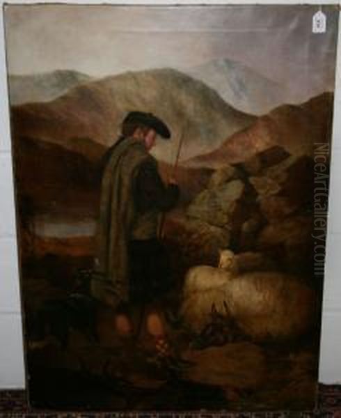 Highland Shepherdwith Sheepdog And Sheep Oil Painting by William Watson