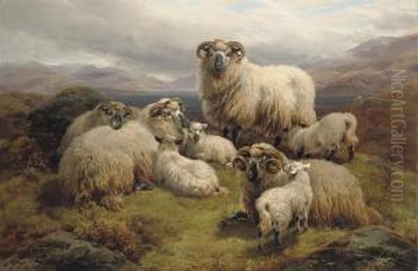 Sheep Grazing By A Loch Oil Painting by William Watson