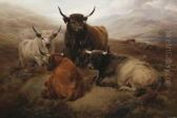 Highland Cattle In An Open Landscape Oil Painting by William Watson