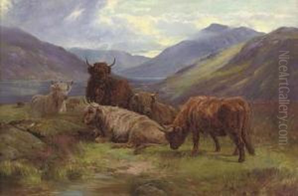 Highland Cattle Resting Beside A Loch Oil Painting by William Watson