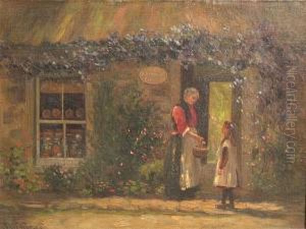 A Visitor On The Cottage Steps Oil Painting by John Watson