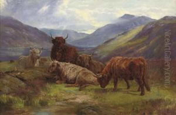 Highland Cattle Resting Before A Loch by William Watson