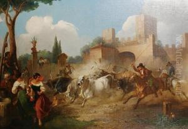 Butteri With Oxen Before A Roman Castle Oil Painting by William Stuart Watson