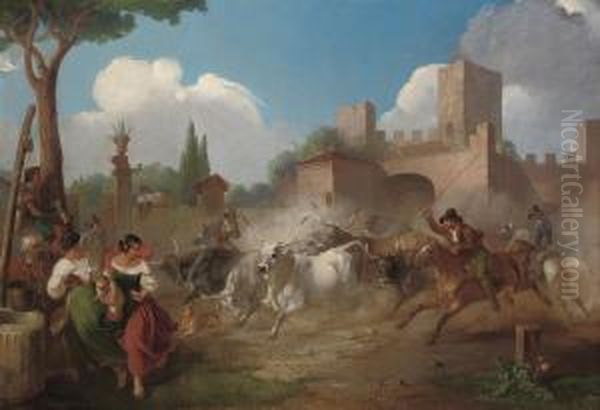 Buttari Driving Roman Oxen Through The Porta St Paolo Oil Painting by William Stuart Watson