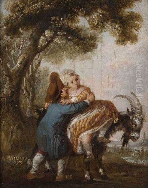 Enfants Jouant Avec Une Chevre Oil Painting by Francois Louis Joseph Watteau