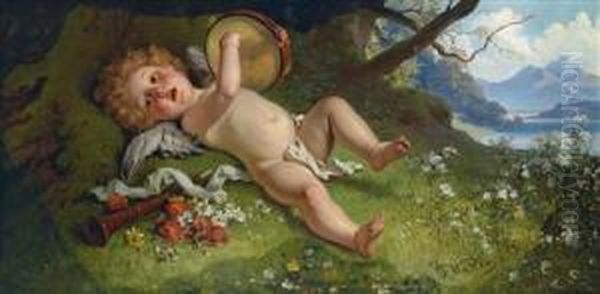 Cupid Playing A Tambourine Oil Painting by Joseph Watter