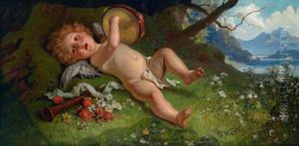 Cupido Suonando Il Tamburino. Firmato J. Watter Oil Painting by Joseph Watter