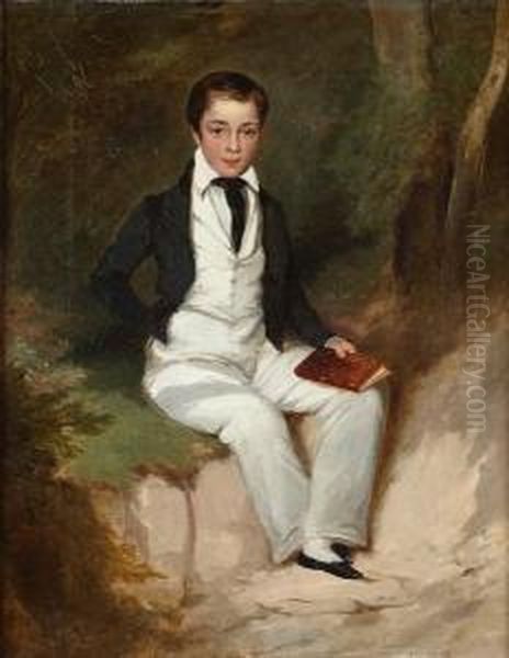 A Portrait Of A Young Boy Seated With A Bookin A Wooded Landscape Oil Painting by W. Wattreys