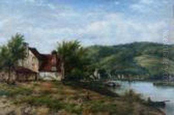 Boats On A River Next To Cottages Oil Painting by Frederick Waters Watts