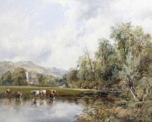 A Landscape With Cattle Watering At A River's Edge And A Village In The Distance Oil Painting by Frederick Waters Watts