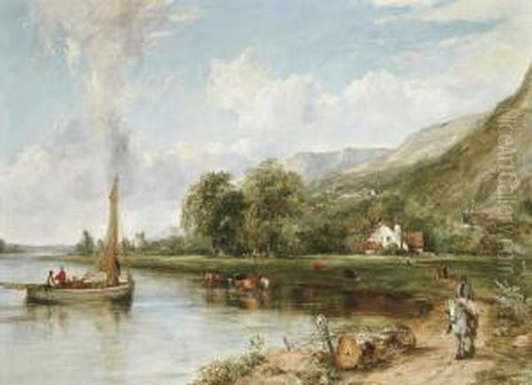 Fishing On The Estuary, With Cattle Watering Nearby Oil Painting by Frederick Waters Watts