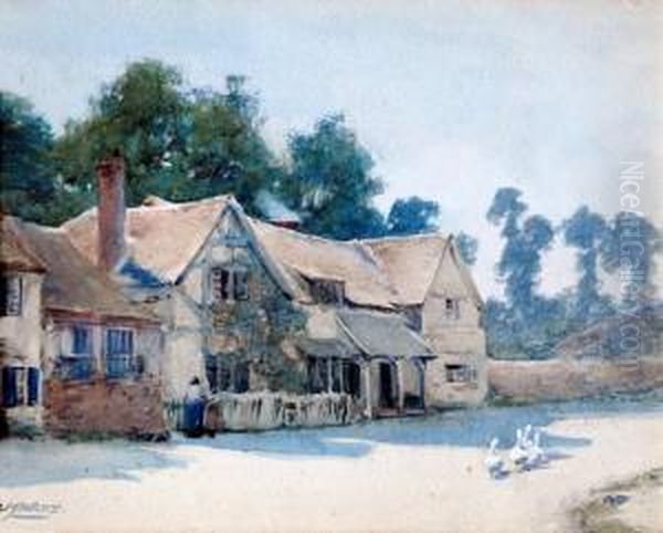 Street Scene, With Cottages And Geese Oil Painting by Louisa Margaret Watts