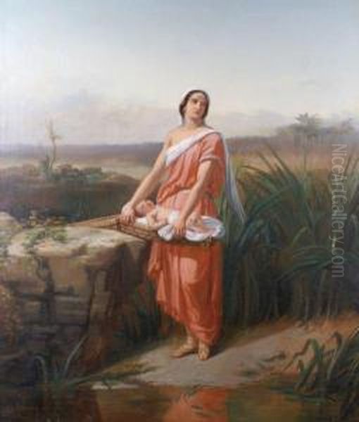 Moise Enfant Et Sa Soeur Myriam Au Bord Du Nil Oil Painting by Charles Augustin Wauters