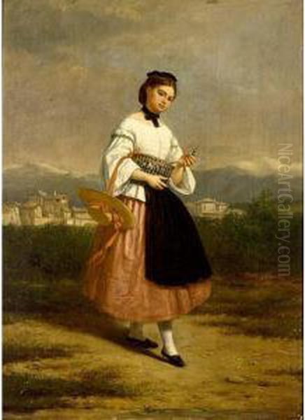 A Girl In An Italian Dress Oil Painting by Charles Augustin Wauters