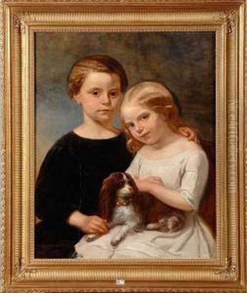 Portraits Des Filles De Sara Et D'albert Wauters Accompagnees De Leur Chien Oil Painting by Emile Charles Wauters