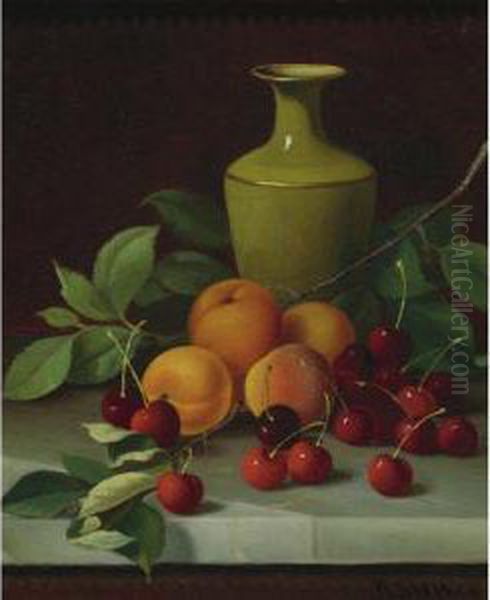 Red Cherries, Apricots, And Green Vase Oil Painting by Andrew John Henry Way