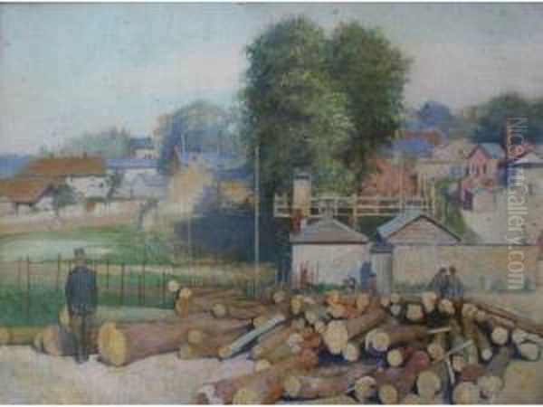 The Outskirts Of A Village, With Soldiers By A Timber Yard Oil Painting by Thomas Robert Way