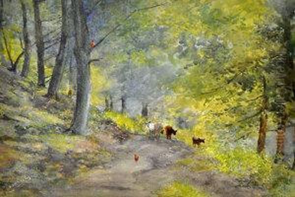 A Path
Through Woods With Cattle Oil Painting by William Cossens Way