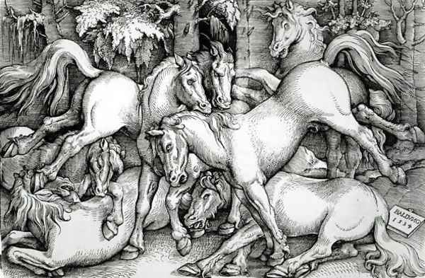 Wild Horses Fighting 1534 Oil Painting by Hans Baldung Grien