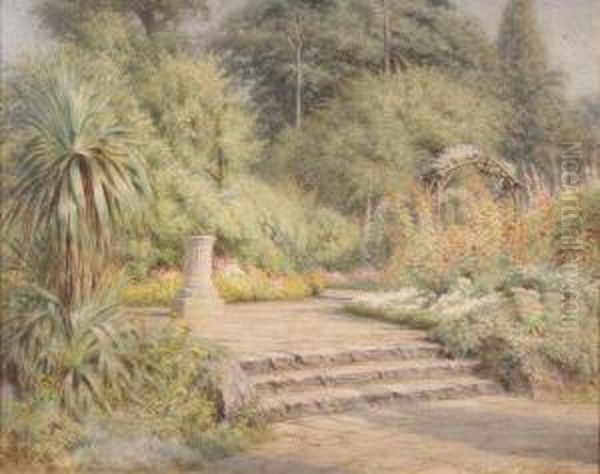 A Colourful Floral Garden With Steps Leading To A Sundial Oil Painting by Alfred C. Weatherhouse