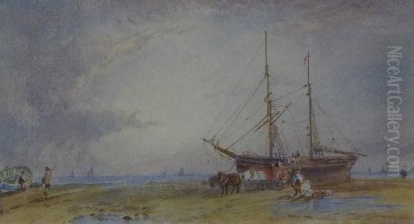 Beached Sailing Vessels Sandsend Near Whitby Oil Painting by George Weatherill