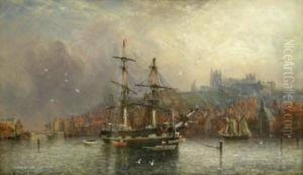 Sailing Ship At Anchor In Whitby Harbour Oil Painting by Richard Weatherill