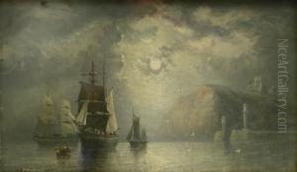 Shipping Off Whitby Harbour By Moonlight Oil Painting by Richard Weatherill