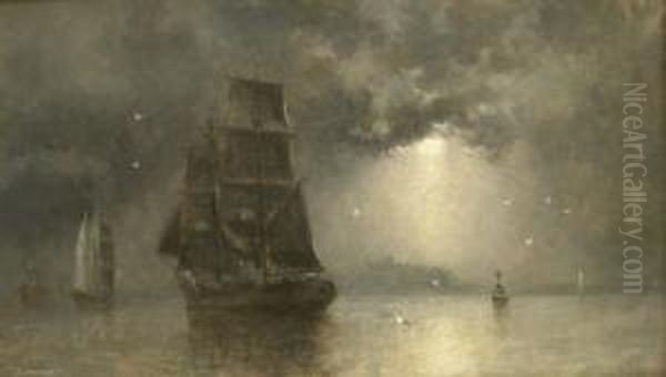 Shipping Off Whitby By Moonlight Oil Painting by Richard Weatherill