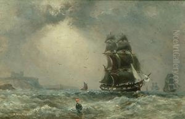 Full Sail Off Whitby In Choppy Waters Oil Painting by Richard Weatherill