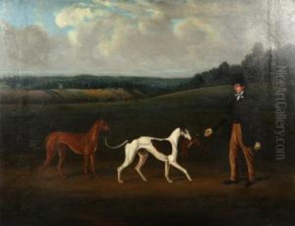 Extensive Landscape With Gentleman And Greyhounds Coursing In Foreground Oil Painting by Charles Weaver