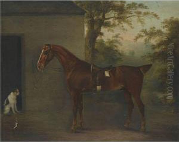 Mr. Yarburgh's Chestnut Hunter Little John With A Terrier Beside Astable In A Landscape Oil Painting by Thomas Weaver