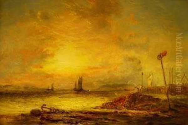 Shipping Off A Harbour At Sunset Oil Painting by Alexander James Webb