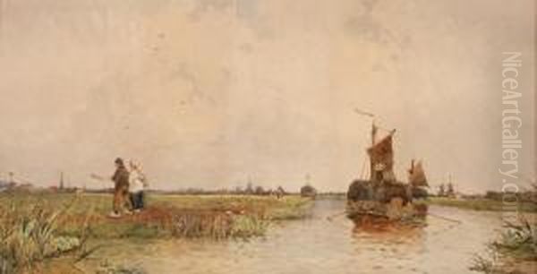 Bord De Canal En Hollande Oil Painting by Archibald Webb