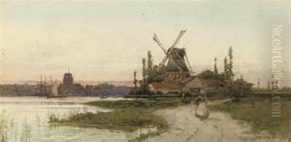 A Windmill By The Coast With Shipping And A Town Beyond Oil Painting by Archibald Webb