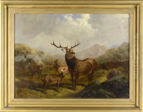 Landskap Fran 'the Highlands' Med Kronhjortar Oil Painting by Byron Webb