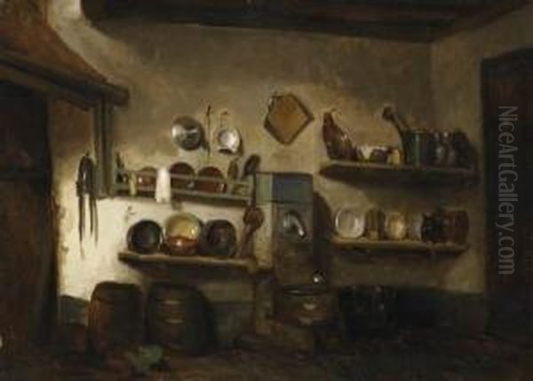 Indoor Scene Of A Palace Kitchen. Signed Lower Left: C.m. Webb Oil Painting by Charles Meer Webb