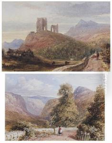 Traveller On A Mountain Road; Castle Ruins In A Landscape Oil Painting by Edward Webb