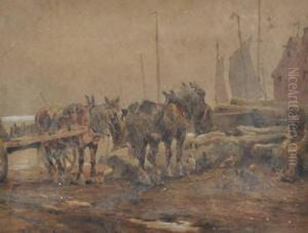 Horsedrawn Cart And Figure On A Beach Oil Painting by Edward Walter Webb