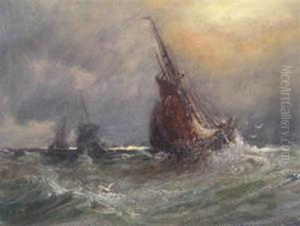 Fishing Boats In A Stormy Sea Oil Painting by J Webb