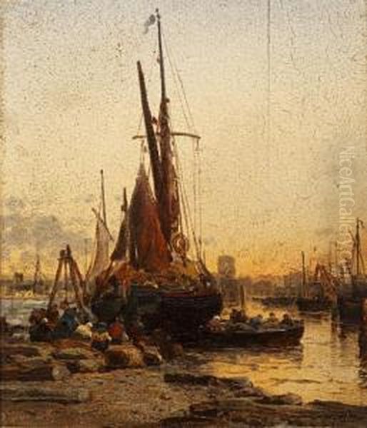 Harbour Scene At Sunset Oil Painting by James Webb