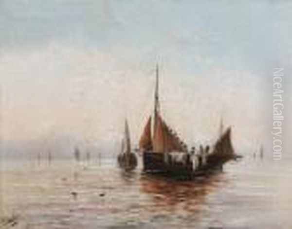 Fishing Boats Off Coast Oil Painting by James Webb