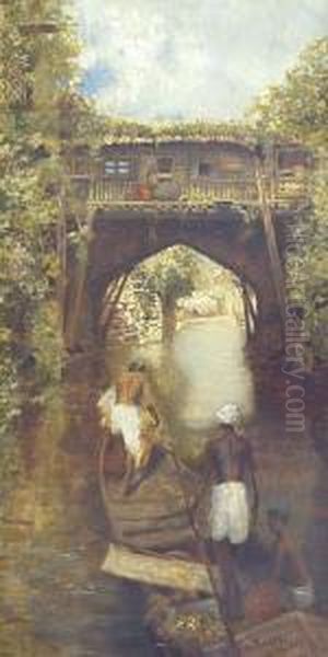 An Indian River With A Wooden Inhabited Bridge Oil Painting by M.H. Webb