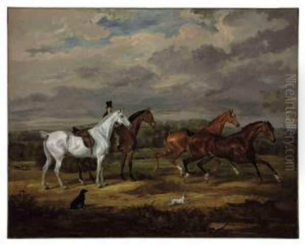 Favorite Hunters Of Richard William Penn, 1st Earl Howe , With Gopsall Hall, Leicestershire In The Background Oil Painting by William Webb