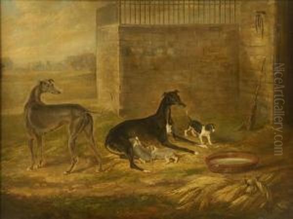 Greyhound Bitch And Dog With Pups And A Terrier by William Webb