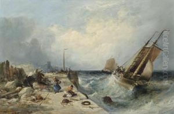 Shipping In A Heavy Swell Off The Harbour Mouth At Peel, Isle Of Man Oil Painting by William Edward Webb