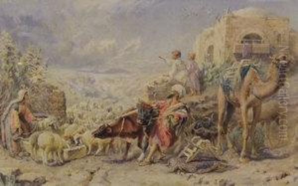 An Egyptian Watering Hole Oil Painting by William J. Webbe or Webb