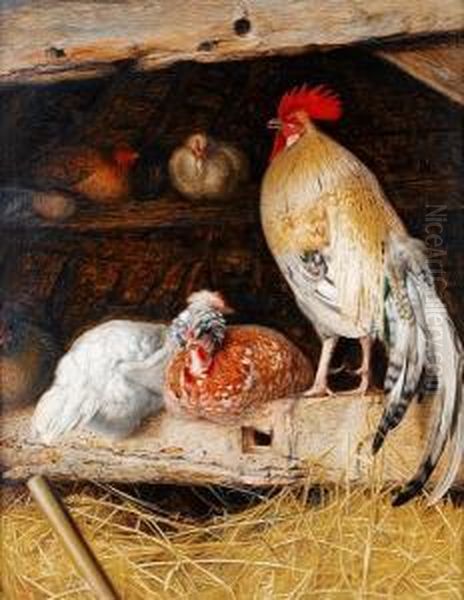 Poultry In A Barn Oil Painting by William J. Webbe or Webb