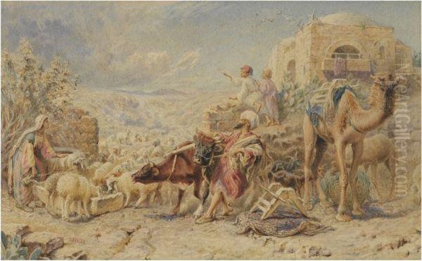 An Egyptian Watering Hole Oil Painting by William J. Webbe or Webb