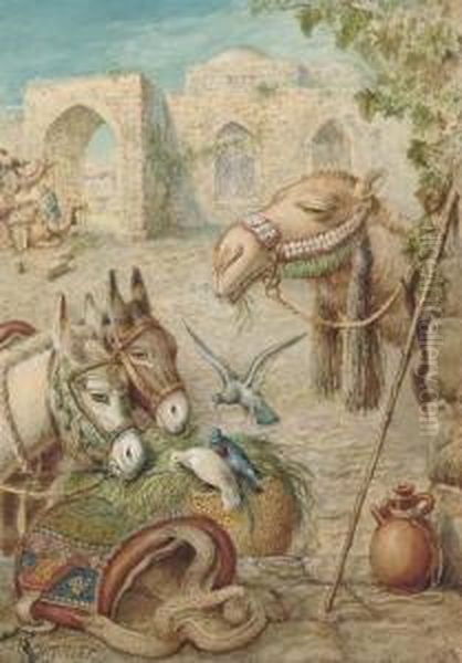 Donkeys And A Camel Resting At The Wayside Oil Painting by William J. Webbe or Webb