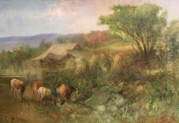 Cattle And Haystacks Oil Painting by Charles T. Webber